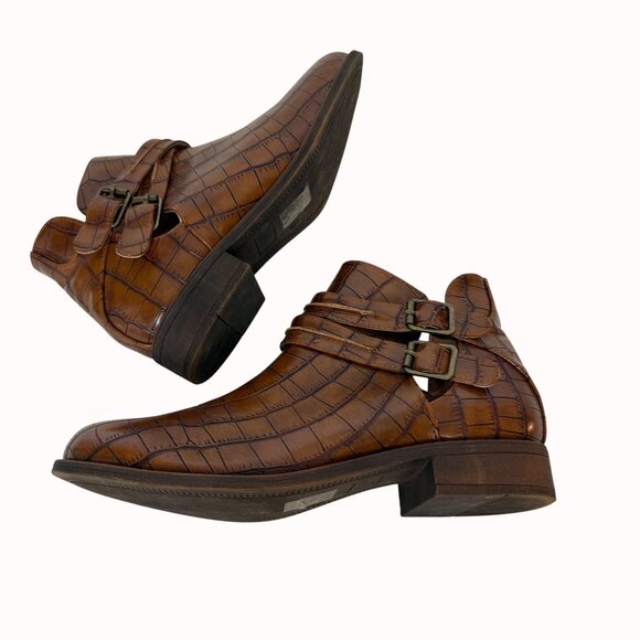 Mata Croc Embossed Ankle Boots Brown Size 8.5 Double Buckle Straps Western Style - Picture 5 of 15